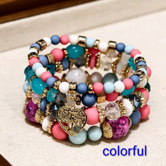 A009 /9 Colors/ Elegant Beaded Bracelet Set With Heart Charm - Picture 15 of 16